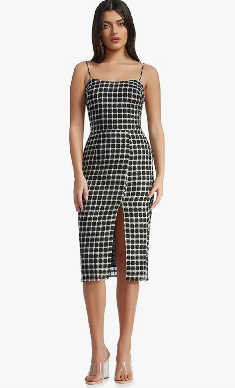 Dress the Population XS Black White Plaid Midi Shaireen Grid Bodycon Cami Formal